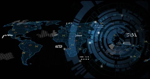 Neon-blue world map unfolding, data lines extending, HUD rotating, icons forming Stock Footage 317465808