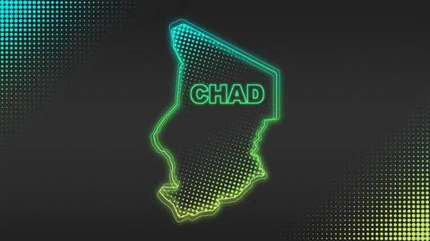 Neon Blue-Yellow Chad Map Outline Futuristic Glow Halftone Illustration Stock Illustration