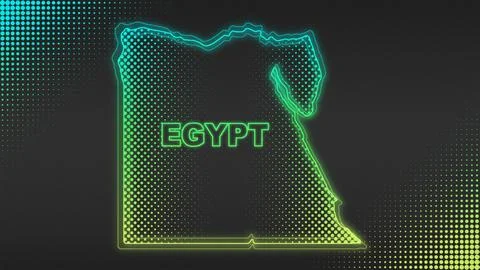 Neon Blue-Yellow Egypt Map Outline Futuristic Glow Halftone Illustration Stock Illustration