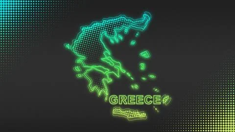 Neon Blue-Yellow Greece Map Outline Futuristic Glow Halftone Illustration Stock Illustration