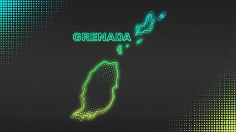 Neon Blue-Yellow Grenada Map Outline Futuristic Glow Halftone Illustration Stock Illustration