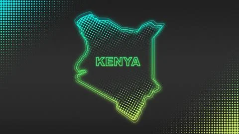 Neon Blue-Yellow Kenya Map Outline Futuristic Glow Halftone Illustration Stock Illustration
