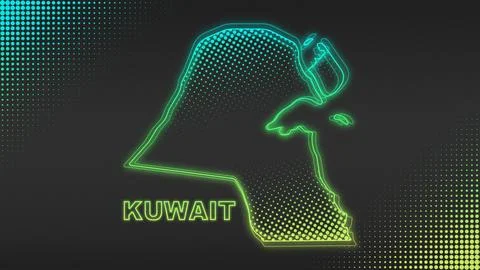 Neon Blue-Yellow Kuwait Map Outline Futuristic Glow Halftone Illustration Stock Illustration