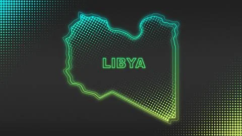 Neon Blue-Yellow Libya Map Outline Futuristic Glow Halftone Illustration Illustrazione stock
