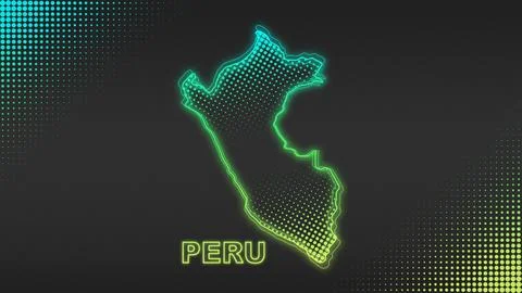 Neon Blue-Yellow Peru Map Outline Futuristic Glow Halftone Illustration Stock Illustration