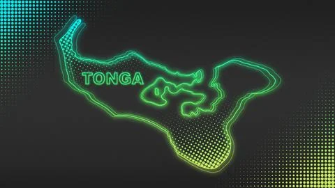 Neon Blue-Yellow Tonga Map Outline Futuristic Glow Halftone Illustration Illustrazione stock