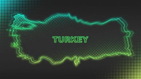 Neon Blue-Yellow Turkey Map Outline Futuristic Glow Halftone Illustration Stock Illustration