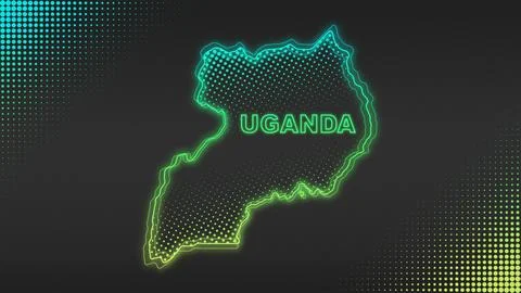 Neon Blue-Yellow Uganda Map Outline Futuristic Glow Halftone Illustration Stock Illustration
