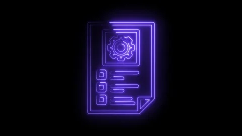 Neon blueprint document with gear icon shining in dark background animation Stock Footage 312318292