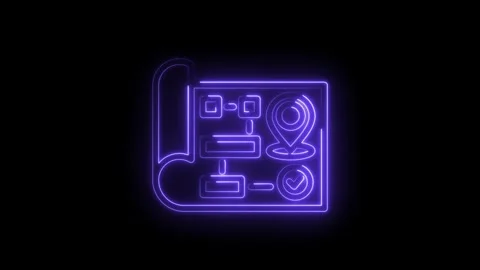 Neon blueprint flowchart with location pin and checkmark progress planning 스톡 동영상 333952075