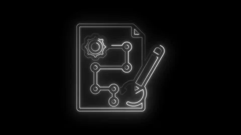 Neon blueprint schematic with gear and pencil drawing process workflow diag.. Vídeos de archivo 346140059