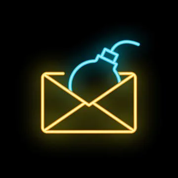 Neon bomb emerging from open envelope on black background Stock Illustration
