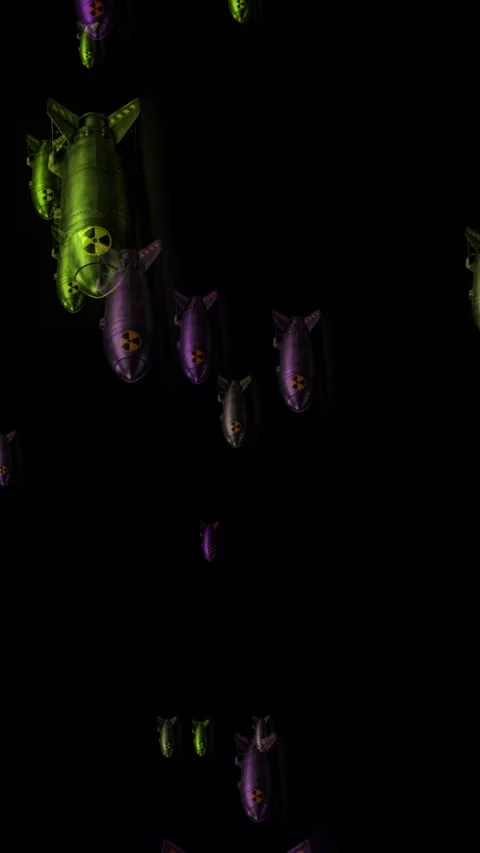 Neon Bombs Falling Over Black Background  Surreal War Concept Aerial Weapon.. Stock Footage 337738467