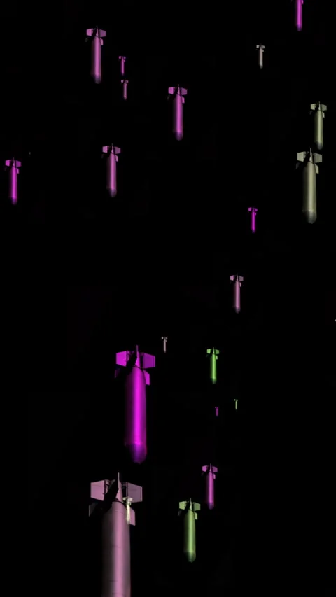 Neon Bombs Falling Over Black Background  Surreal War Concept Aerial Weapon.. Stock Footage 337738473