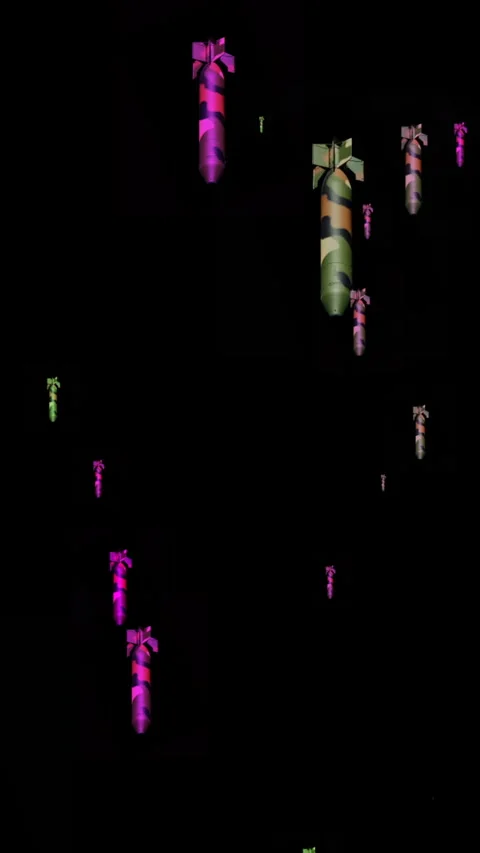 Neon Bombs Falling Over Black Background  Surreal War Concept Aerial Weapon.. Stock Footage 337738481