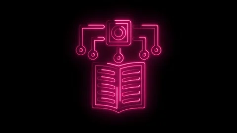Neon book connecting to network nodes digital knowledge technology pink outli Stock Footage 346003642
