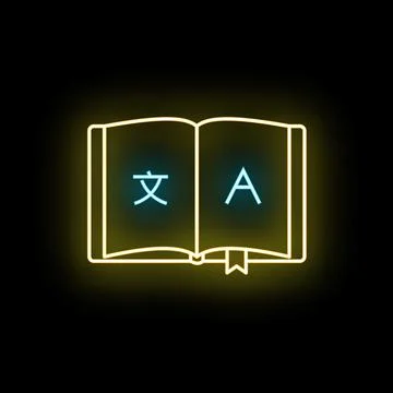 Neon book glowing with language translation symbol Stock Illustration