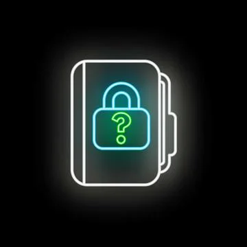 Neon book padlock question mark showing secret information Stock Illustration