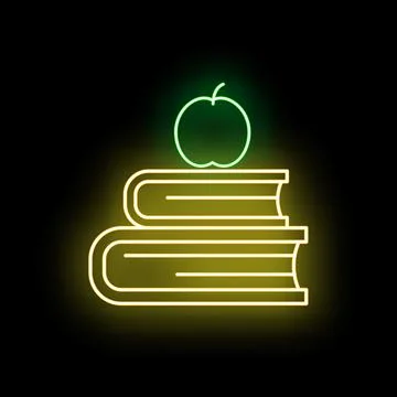 Neon books stack with apple icon illustrating education Stock Illustration
