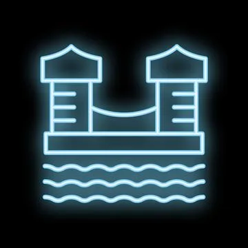 Neon bouncing bridge over water icon glowing on black background Stock Illustration