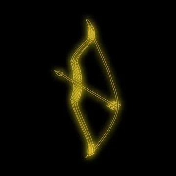 Neon bow and arrow aiming upwards on black background Stock Illustration