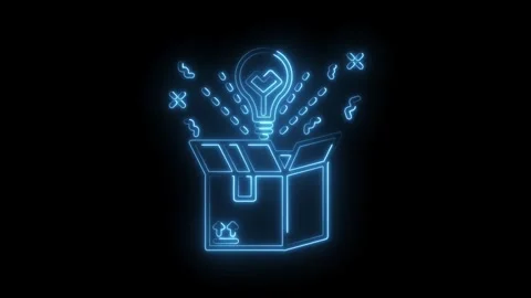 Neon box opens revealing bright idea creative thinking concept animation on.. Video stock 316675676