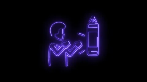 Neon boxer punching a bag for workout training on a black background animatio 스톡 동영상 330780498