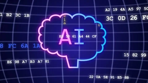 Neon brain AI pulsing as bubbles sliding in, starting binary streams, Stock Footage 334337873