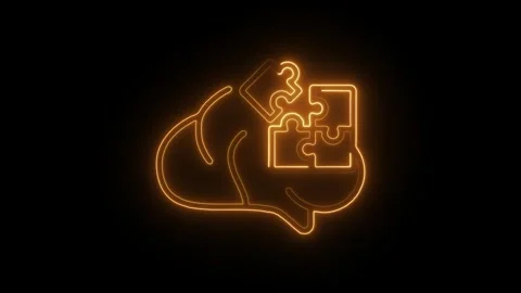 Neon brain and puzzle icon animation on black background represents problem.. Stock Footage 309914197