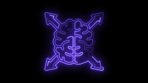 Neon brain with arrows symbolizing outgoing thoughts on a black background Stock Footage 322964275