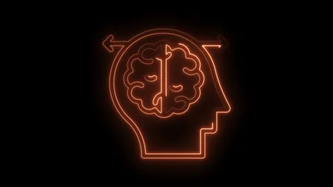 Neon brain concept human head profile arrows representing thinking processes on Stock Footage 322961825