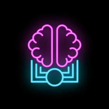Neon brain connecting to computer chip symbolizing artificial intelligence Illustrazione stock
