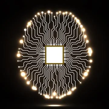 Neon brain. Cpu. Circuit board. Abstract technology background Stock Illustration