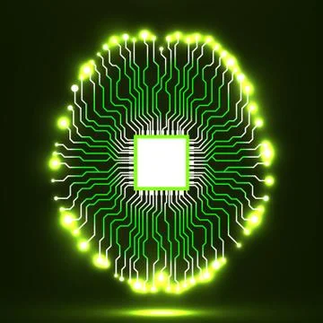 Neon brain. Cpu. Circuit board. Abstract technology background Stock Illustration