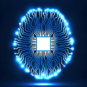 Neon brain. Cpu. Circuit board. Abstract technology background Stock Illustration