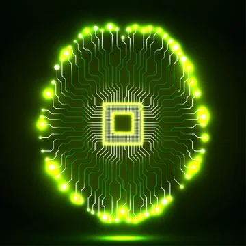 Neon brain. Cpu. Circuit board. Abstract technology background Illustrazione stock