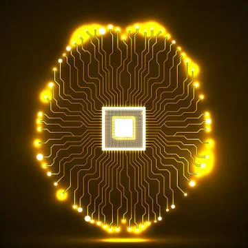 Neon brain. Cpu. Circuit board. Abstract technology background Illustrazione stock