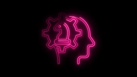 Neon brain with gear and chess knight concept representing artificial intel.. Stock Footage 308999368