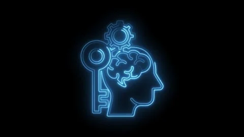 Neon brain with gear and key animation revealing intelligence and problem s.. Stock Footage 312320000