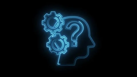 Neon brain with gears and question mark represents problem solving and inte.. Stock Footage 312320027