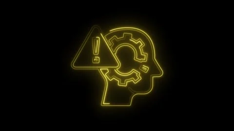 Neon brain gears with exclamation warning representing alert in mental proc.. Stock Footage 312320546