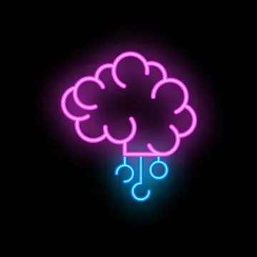 Neon brain generating question marks hanging on wires on black background イラスト素材