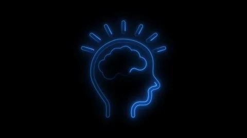 Neon brain icon animation on black background. Glowing neon brain outline illust Stock Footage 323301567
