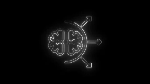 Neon brain icon with arrows radiating outwards symbolizing ideas innovation Stock Footage 333951600