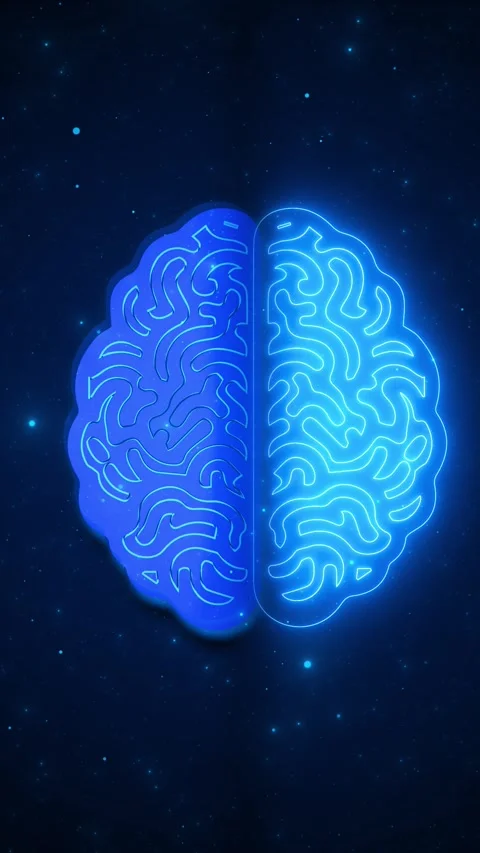Neon brain intelligence glowing blue halves, neural curves, and starry digital b Stock Footage 340478007