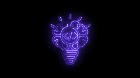 Neon brain light bulb with code symbols inside glowing purple on black back.. Stock Footage 346827217