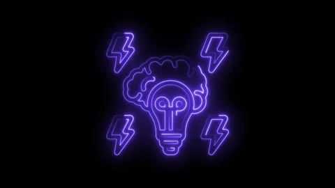 Neon brain light bulb surrounded by lightning bolts glowing purple on icon black Stock Footage 333970284