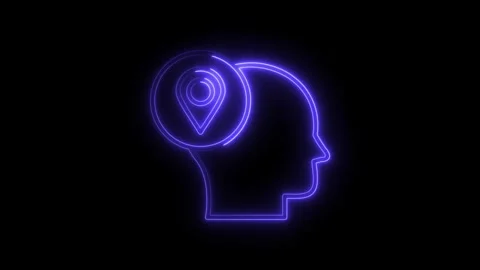 Neon brain with location pin point idea animation on black background Stock Footage 308606431