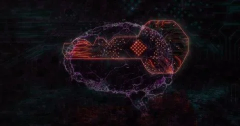 Neon brain outline hovering in digital network grid, with key circuit design and Stock Illustration