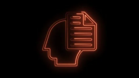 Neon brain processing information head with data documents flowing thoughtful Stock Footage 322983537